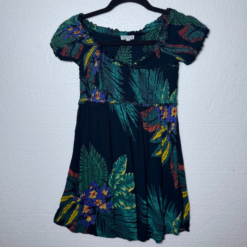 Patrons Of Peace Womens Sz Medium Boho Tropical Green Floral Leaf Smocked Dress